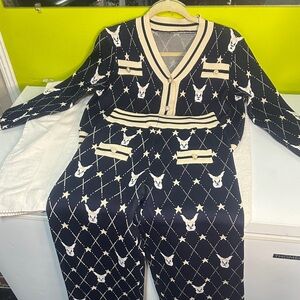 Women cardigan set with Bunny Pattern - Black and Cream